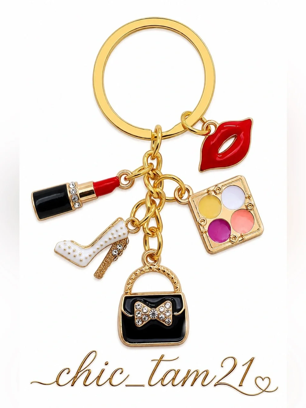 Gold-Tone Fashion Bag Charm or Keychain with Black, Red and White Accents